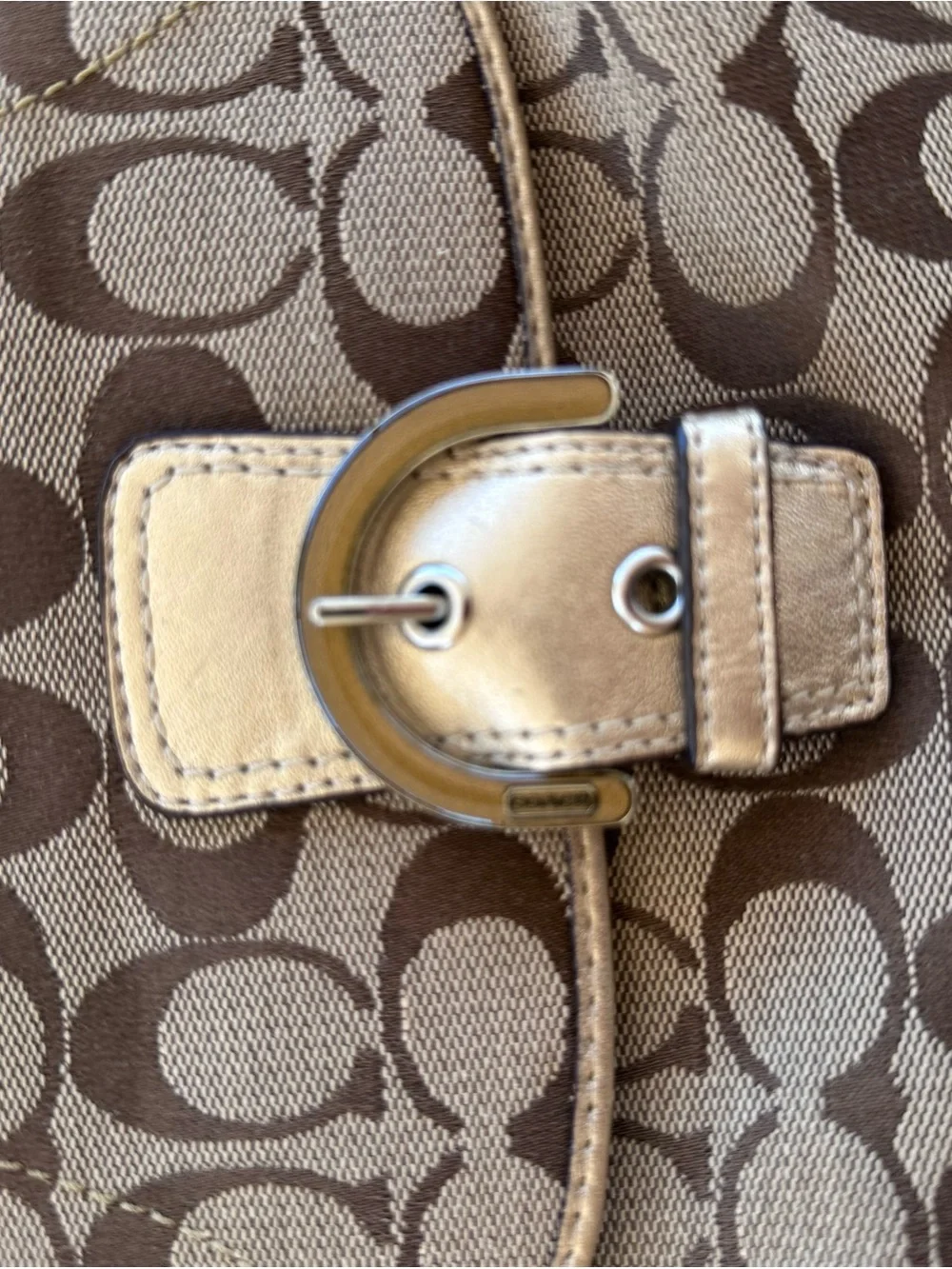 Coach Brown Signature Canvas Crossbody with Metallic Gold Buckle